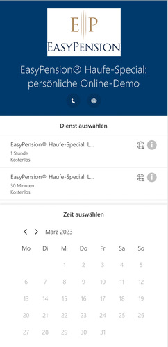 Vorschaubild eines Online-Kalenders zur Buchung eines Vorführtermins für die bAV-Software EasyPension®